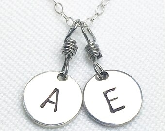 Hand Stamped Silver Double Letter Mixed Chain Necklace - Monogram - Sterling Silver and Gunmetal Chain - Customizable - Adjustable -A+ Gift!