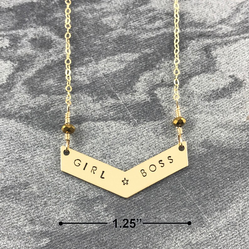 Girl Boss Hand Stamped Chevron Necklace Truly Handmade Great Gift Brass 14k Gold Filled Girl Power Feminist Bar Necklace image 5