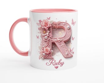 Floral Initial R Mug Ruby | Pink Letter Coffee Cup | Gift for Her