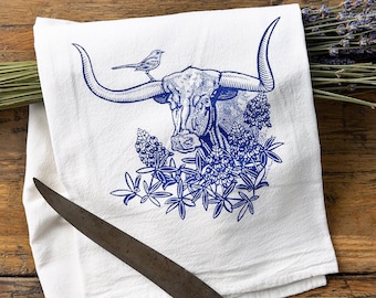 Texas Longhorn Bluebonnet Tea Towel | Hand-Drawn Cotton Kitchen Towel