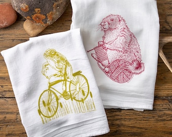 Frog Bike Knitting Marmot Tea Towels | Hand-Drawn Cotton Kitchen Gift Towels