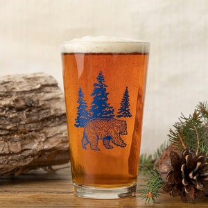 Bear Forest Pint Glass – 16oz Blue Bear Barware, Wilderness Drinkware Made in the USA