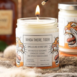 Whoa There Tiger Soy Wax Candle – Bergamot, Cognac, and Spiced Tobacco Scent
