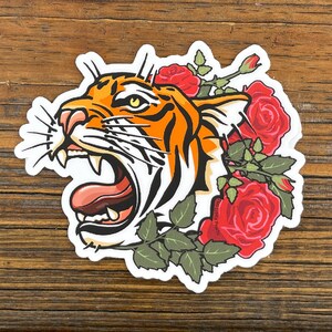Tiger Rose Vinyl Sticker – Bold Tattoo-Inspired Animal Art for Water Bottles, Laptops & More