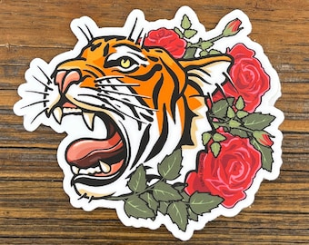 Tiger Rose Sticker | Waterproof Vinyl Decal, Bold Tattoo Art | Tiger Lover Gift