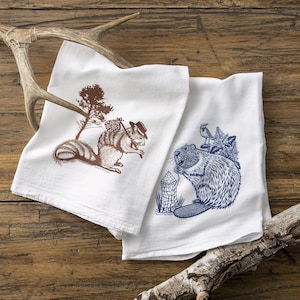 Squirrel and Beaver Tea Towel Set: Funny Cottagecore Kitchen Decor