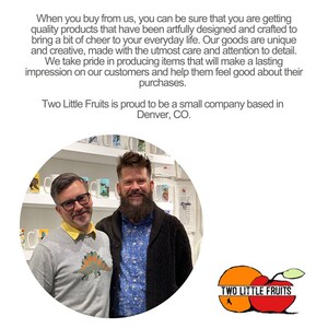 two men standing together, smiling and posing for a photo. They are wearing casual clothing, and there are various items displayed in the background, including cups and a clock. The text above the image provides information about the company, emphasizing their pride in crafting unique and high-quality products.