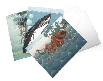 Ocean Creatures Blank Greeting Cards Octopus Shark Jellyfish Illustrated Card Set Gift