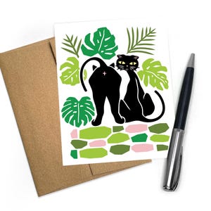 Cat and Monstera Leaves Greeting Card: Blank Inside