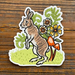 Pegatina de conejo y seta / Vinilo adhesivo impermeable, diseño floral de conejo (7,6 x 7,6 cm)