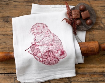 Knitting Marmot Tea Towel | Funny Animal Flour Sack Kitchen Towel | Hand-Drawn Cotton Dish Towel, Knitter Gift, Yarn Lover Gift