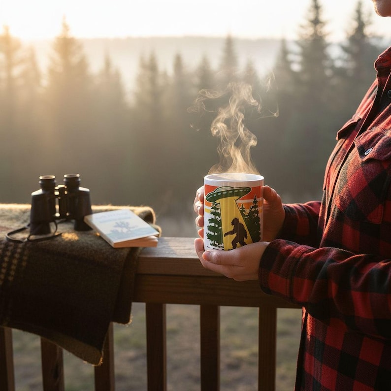A person in a red and black plaid jacket holds a steaming mug with a forest scene on it, standing on a wooden deck overlooking a wooded area.