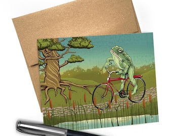 Frog Biking Greeting Card | Whimsical Amphibian Art, Nature Lover Card