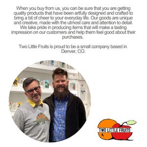 two men standing together, smiling and posing for a photo. They are wearing casual clothing, and there are various items displayed in the background, including cups and a clock. The text above the image provides information about the company, emphasizing their pride in crafting unique and high-quality products.