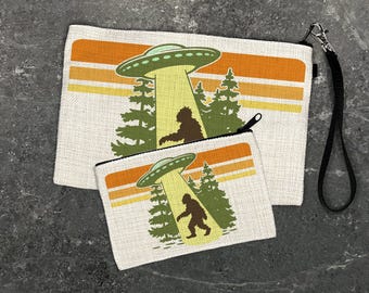 Neceser de lino con cremallera de OVNI y Bigfoot / Neceser divertido para amantes de los extraterrestres y el espacio