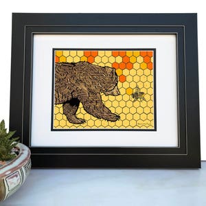 Honey Bear Art Print – Brown Bear and Bee Wall Decor, Hand-Drawn Nature Illustration, Nursery or Woodland Room Art, 8x10 or 11x14 Sizes