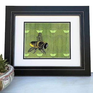 Green Bee Art Print: Floral Poppy Background (8x10 or 11x14)