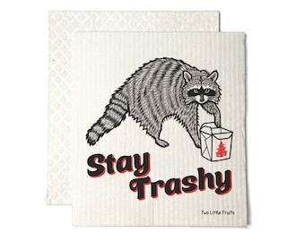 Paño de cocina sueco con diseño de mapache / Paño de cocina divertido con el mensaje "Stay Trashy" / Ecológico y reutilizable, regalo para amantes de los mapaches