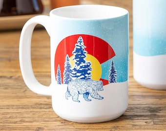 Taza de café Colorado Bear: cerámica de 15 oz, diseño de montaña