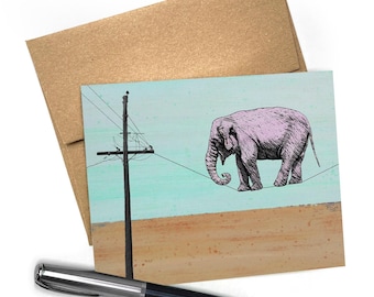 Elephant Walking Tightrope Card | Whimsical Illustrated Art, Blank Inside