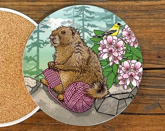 Knitting Marmot Ceramic Coaster