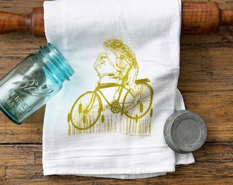 Frog on Bicycle Tea Towel | Hand-Drawn Cotton Kitchen Towel (Eco-Friendly)