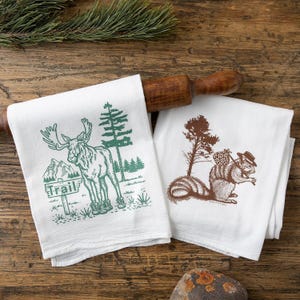 Juego de paños de cocina con alces y ardillas / Paño de cocina divertido con dibujo a mano / Algodón ecológico, regalo para amantes de los animales