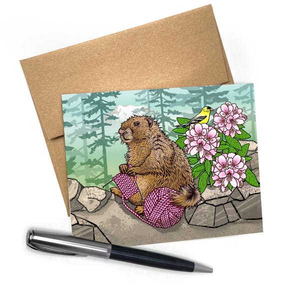Knitting Marmot Greeting Card | Whimsical Animal Art, Blank Inside (A2 Size)