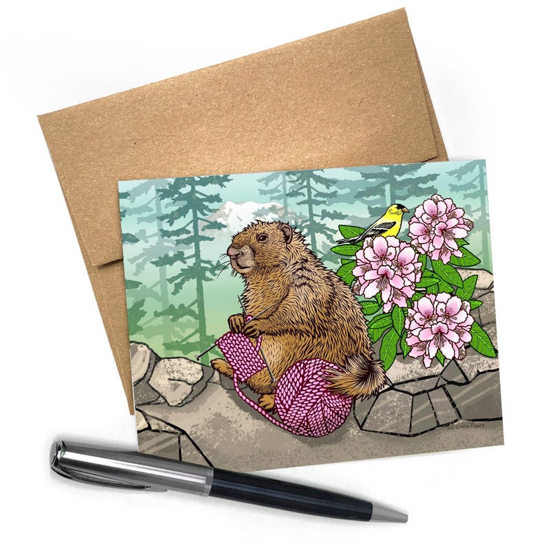 Knitting Marmot Greeting Card | Whimsical Animal Art, Blank Inside (A2 Size) image 1