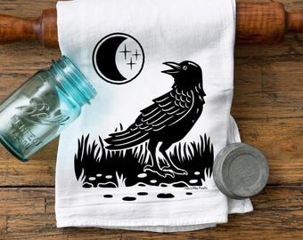 Black Crow Cotton Tea Towel – Hand-Printed Lint-Free Kitchen Towel