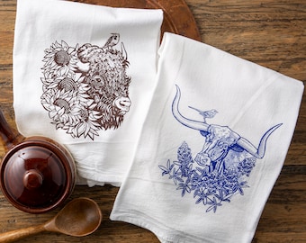 Ranch Animal Tea Towel Set | Bison Tea Towel / Longhorn Flour Sack Tea Towel