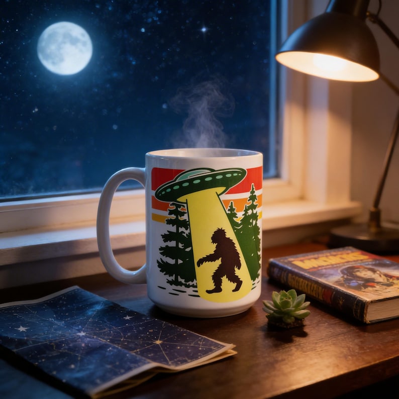 A mug with an alien design sits on a desk, with a lamp and a book nearby, and a full moon visible through a window in the background.