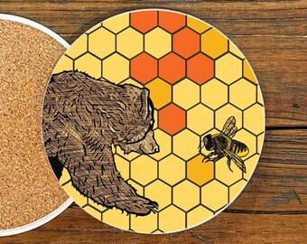 Honey Bear Ceramic Coaster | Cork Back, Illustrated Nature Art | Bear Lover Woodland Cabin Gift