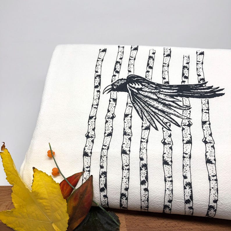 Black Raven Tea Towel | Hand-Drawn Bird Kitchen Decor | Eco-Friendly Cotton, Raven Lover Gift image 2