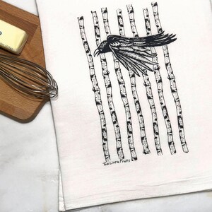 Black Raven Tea Towel | Hand-Drawn Bird Kitchen Decor | Eco-Friendly Cotton, Raven Lover Gift image 3
