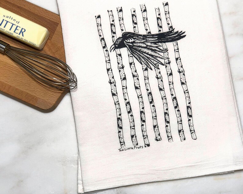 Black Raven Tea Towel | Hand-Drawn Bird Kitchen Decor | Eco-Friendly Cotton, Raven Lover Gift image 3