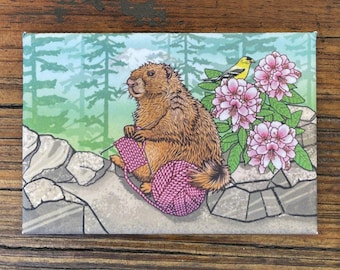 Imán de marmota tejiendo / Arte de vida silvestre caprichoso, decoración de cocina, regalo para artesanos