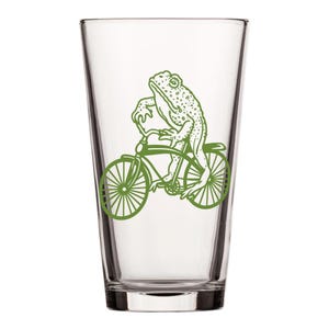 Frog Bicycle Pint Glass | 16oz Screen-Printed Beer Glass | Whimsical Animal Barware