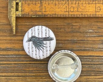 Gothic Crow Button Pin | Illustrated Bird Art, Matte Finish Accessory