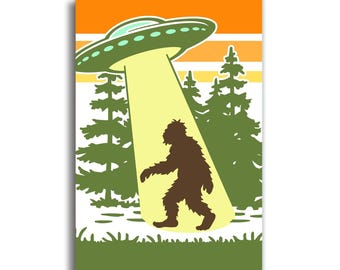 UFO Bigfoot Abduction Fridge Magnet | Illustrated Space Humor Kitchen Decor