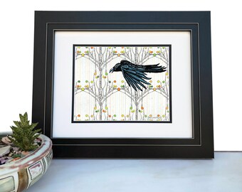 Woodland Crow Art Print, Black Bird Illustration (8x10 & 11x14)