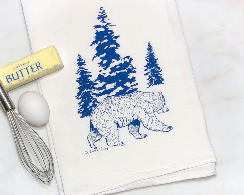 Paño de cocina con diseño de bosque de osos / Paño de cocina de algodón dibujado a mano con tintas ecológicas imagen 9