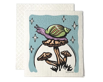 Paño de cocina ecológico con estampado de caracoles y setas / Paño de cocina reutilizable / Regalo con diseño rústico dibujado a mano, tela sueca