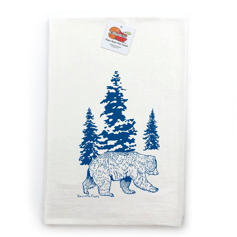 Paño de cocina con diseño de bosque de osos / Paño de cocina de algodón dibujado a mano con tintas ecológicas imagen 3