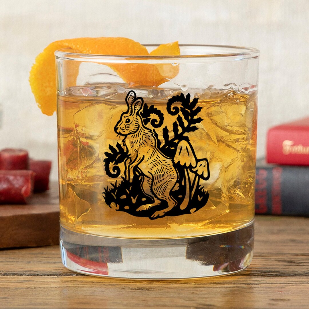 Hand-drawn Rabbit Fern Rocks Glass | 10oz Cottagecore Barware, Whiskey ...