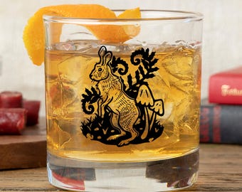 Hand-Drawn Rabbit Fern Rocks Glass | 10oz Cottagecore Barware, Whiskey Gift