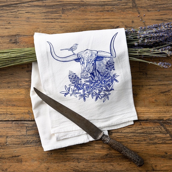Texas Longhorn Bluebonnet Tea Towel | Hand-Drawn Cotton Kitchen Towel