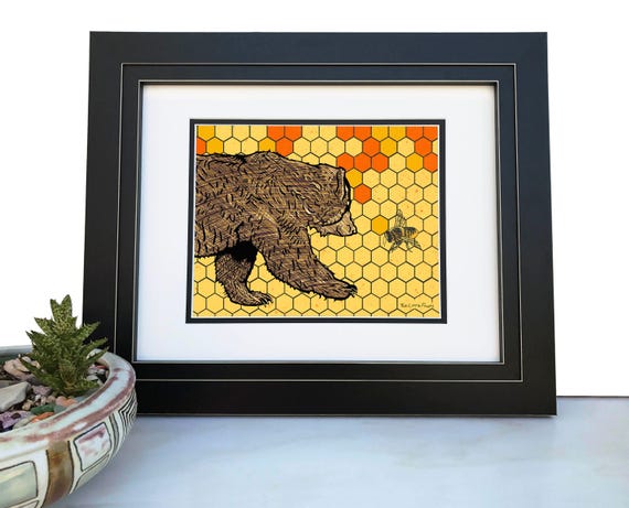 Bear and Bee Art Print Woodland Nursery Wall Art Nature Lover Gift