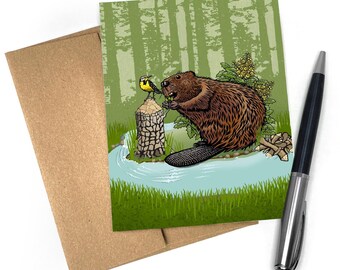 Beaver Wildlife Art Greeting Card | Hand-Drawn Nature Illustration, Blank Inside