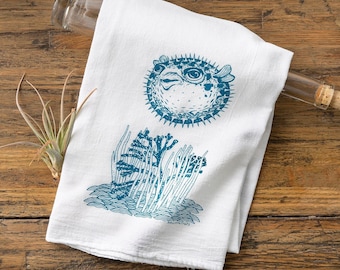 Pufferfish Tea Towel | Hand-Drawn Ocean Kitchen Towel, 100% Cotton, Sea Life Lover Gift